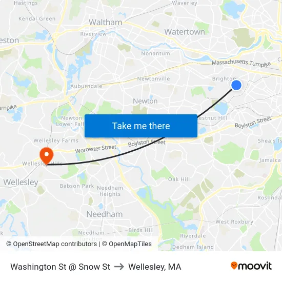 Washington St @ Snow St to Wellesley, MA map