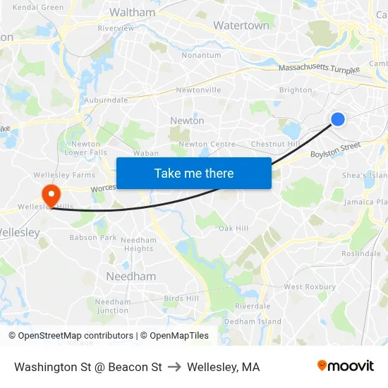 Washington St @ Beacon St to Wellesley, MA map