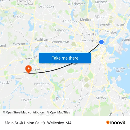Main St @ Union St to Wellesley, MA map