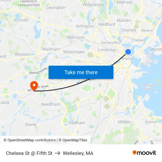 Chelsea St @ Fifth St to Wellesley, MA map