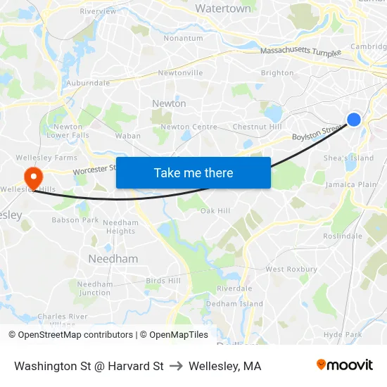Washington St @ Harvard St to Wellesley, MA map