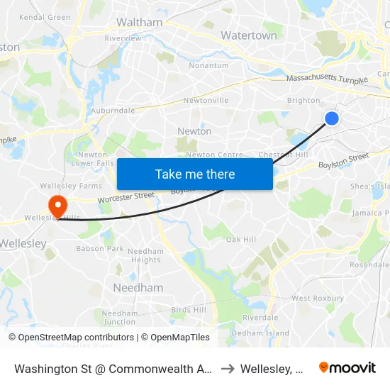 Washington St @ Commonwealth Ave to Wellesley, MA map