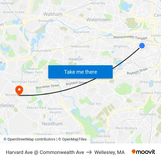 Harvard Ave @ Commonwealth Ave to Wellesley, MA map
