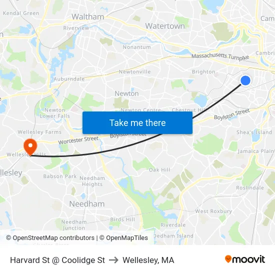 Harvard St @ Coolidge St to Wellesley, MA map