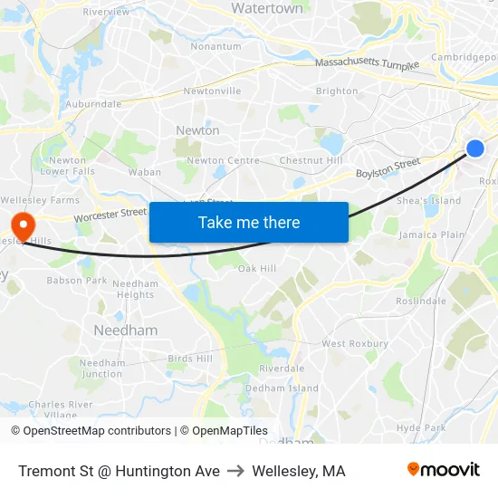 Tremont St @ Huntington Ave to Wellesley, MA map