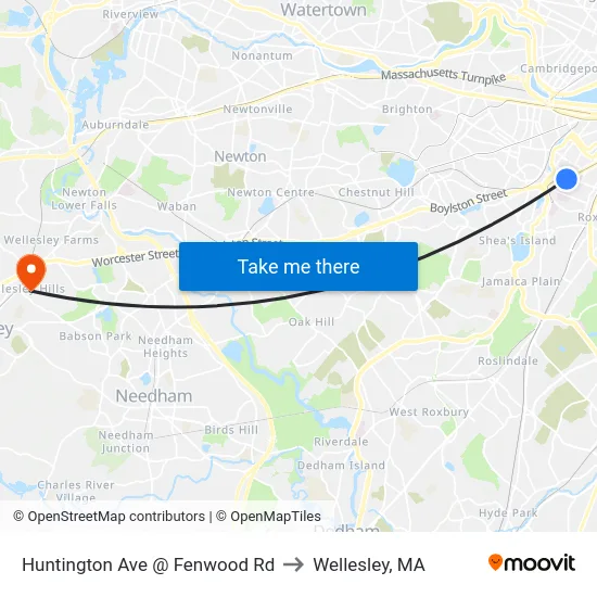 Huntington Ave @ Fenwood Rd to Wellesley, MA map