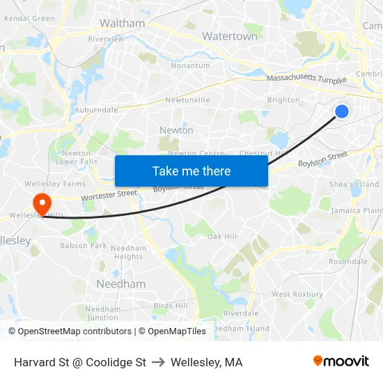 Harvard St @ Coolidge St to Wellesley, MA map