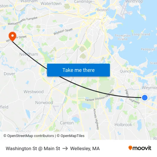Washington St @ Main St to Wellesley, MA map