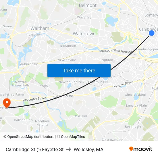 Cambridge St @ Fayette St to Wellesley, MA map