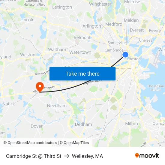 Cambridge St @ Third St to Wellesley, MA map