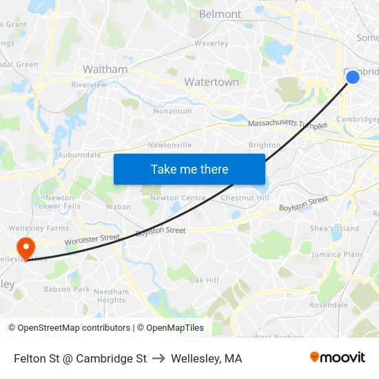 Felton St @ Cambridge St to Wellesley, MA map