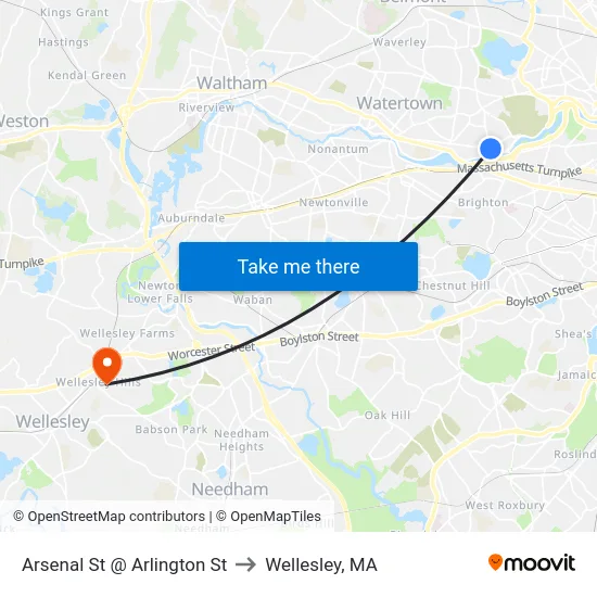 Arsenal St @ Arlington St to Wellesley, MA map