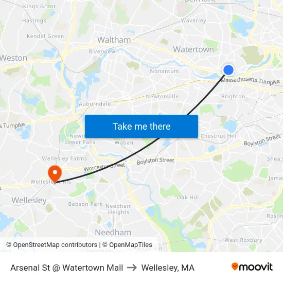 Arsenal St @ Watertown Mall to Wellesley, MA map
