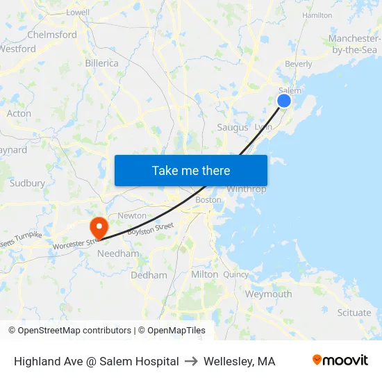 Highland Ave @ Salem Hospital to Wellesley, MA map