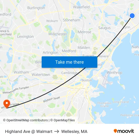 Highland Ave @ Walmart to Wellesley, MA map