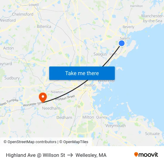Highland Ave @ Willson St to Wellesley, MA map