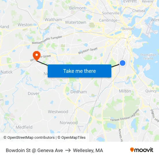 Bowdoin St @ Geneva Ave to Wellesley, MA map