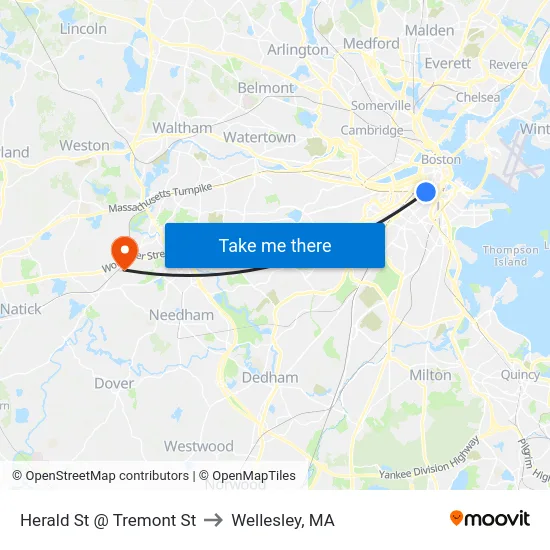 Herald St @ Tremont St to Wellesley, MA map