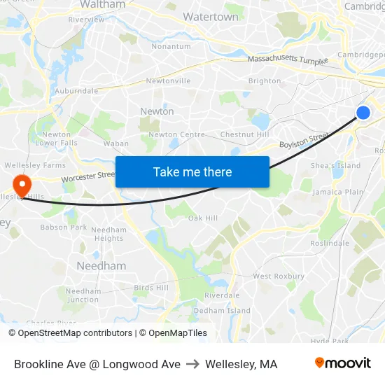 Brookline Ave @ Longwood Ave to Wellesley, MA map