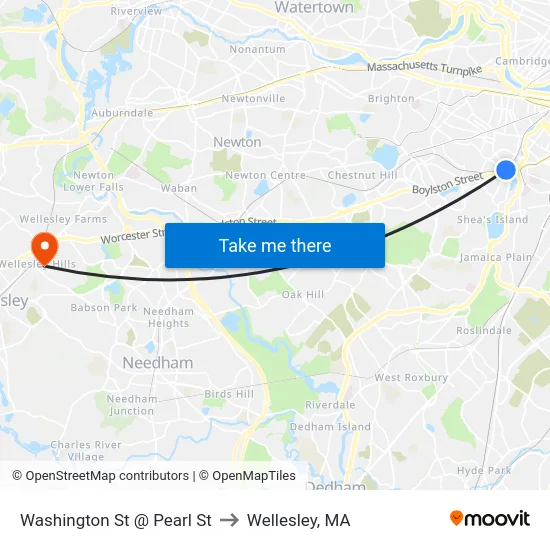 Washington St @ Pearl St to Wellesley, MA map