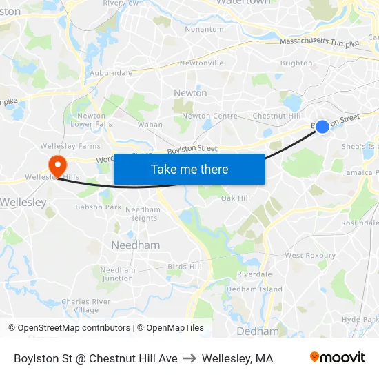Boylston St @ Chestnut Hill Ave to Wellesley, MA map