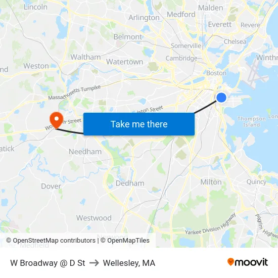 W Broadway @ D St to Wellesley, MA map