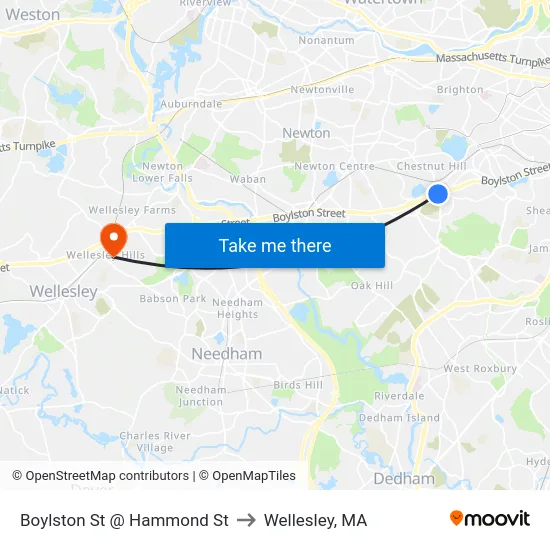Boylston St @ Hammond St to Wellesley, MA map