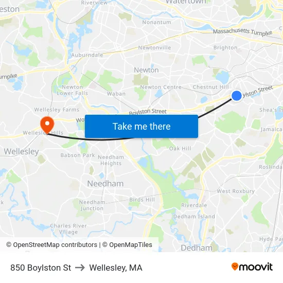 850 Boylston St to Wellesley, MA map