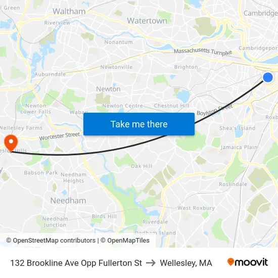 132 Brookline Ave Opp Fullerton St to Wellesley, MA map