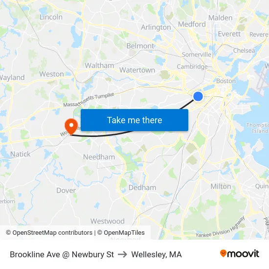 Brookline Ave @ Newbury St to Wellesley, MA map