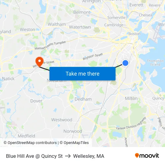 Blue Hill Ave @ Quincy St to Wellesley, MA map