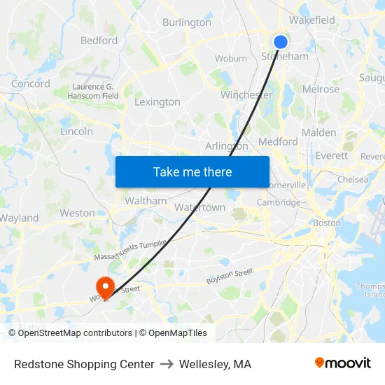 Redstone Shopping Center to Wellesley, MA map