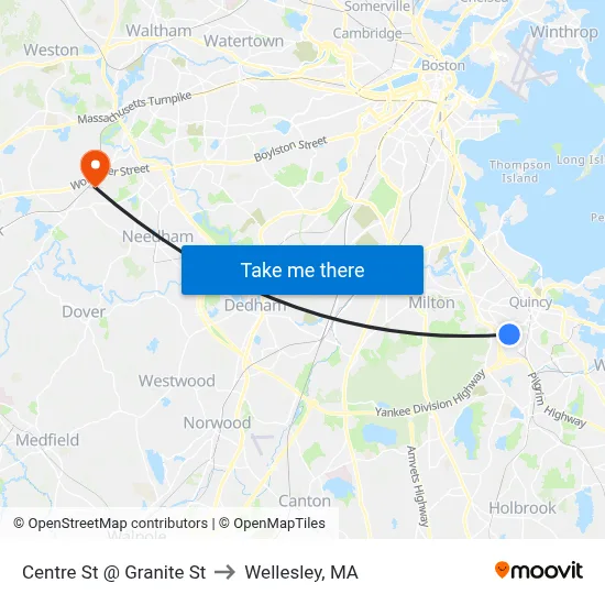 Centre St @ Granite St to Wellesley, MA map