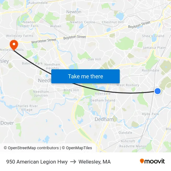 950 American Legion Hwy to Wellesley, MA map