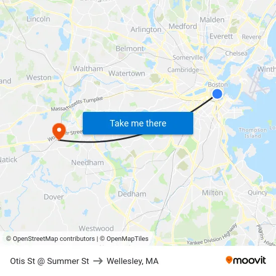 Otis St @ Summer St to Wellesley, MA map