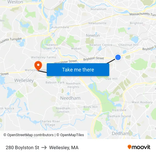 280 Boylston St to Wellesley, MA map