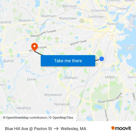 Blue Hill Ave @ Paxton St to Wellesley, MA map