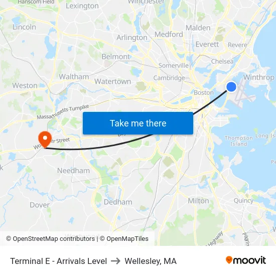 Terminal E - Arrivals Level to Wellesley, MA map