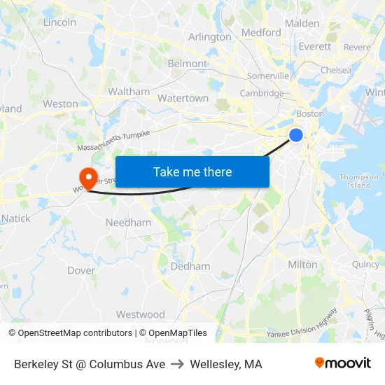 Berkeley St @ Columbus Ave to Wellesley, MA map