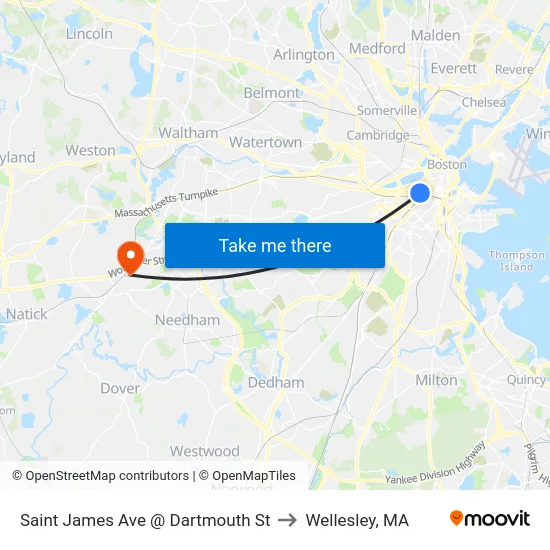 Saint James Ave @ Dartmouth St to Wellesley, MA map