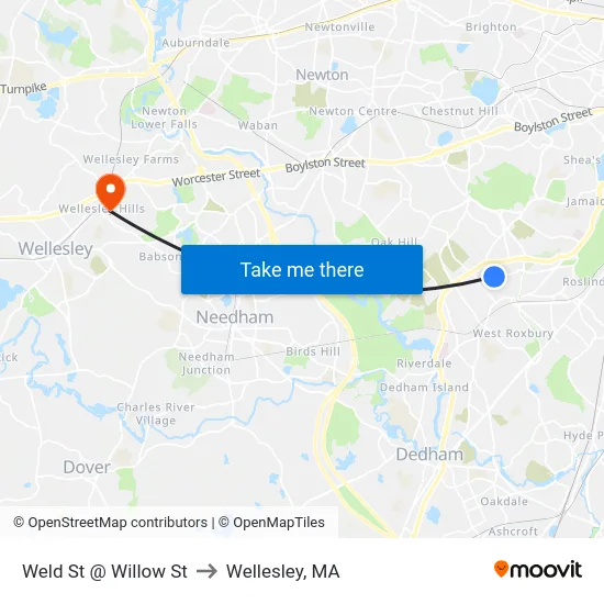 Weld St @ Willow St to Wellesley, MA map