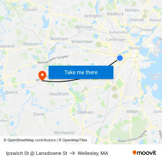 Ipswich St @ Lansdowne St to Wellesley, MA map