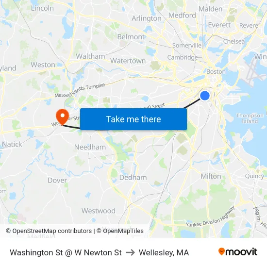 Washington St @ W Newton St to Wellesley, MA map