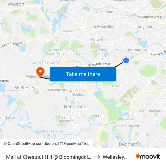Mall at Chestnut Hill @ Bloomingdale's to Wellesley, MA map