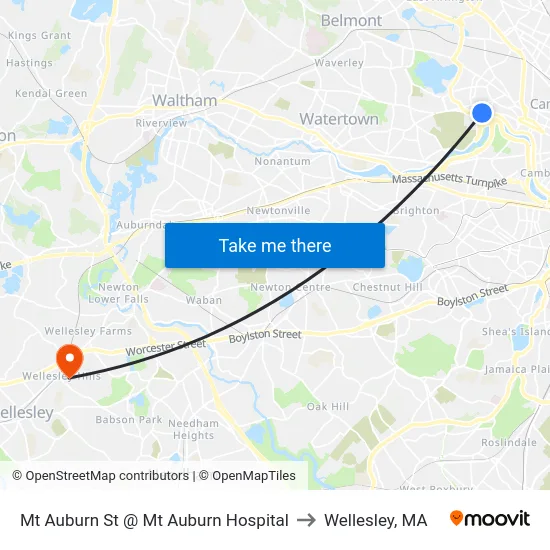 Mt Auburn St @ Mt Auburn Hospital to Wellesley, MA map