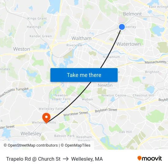 Trapelo Rd @ Church St to Wellesley, MA map