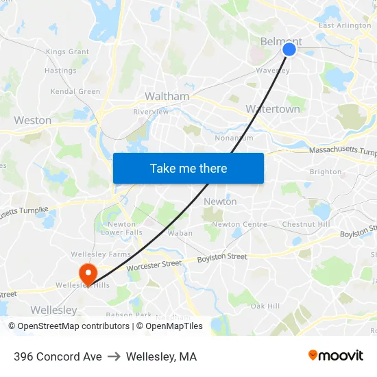 396 Concord Ave to Wellesley, MA map