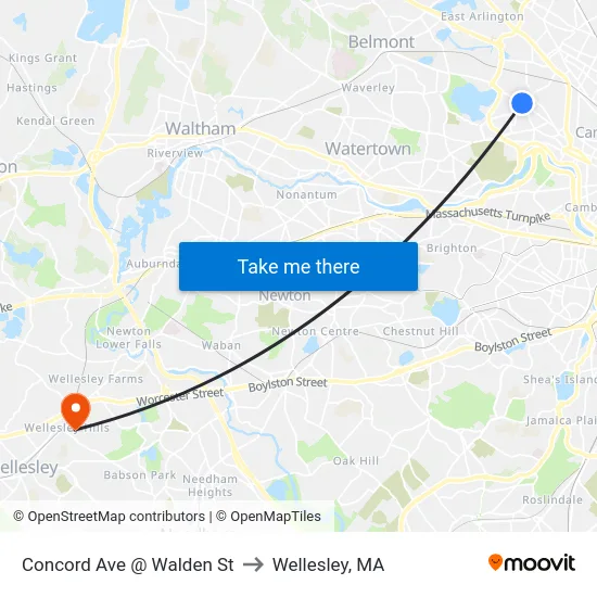 Concord Ave @ Walden St to Wellesley, MA map