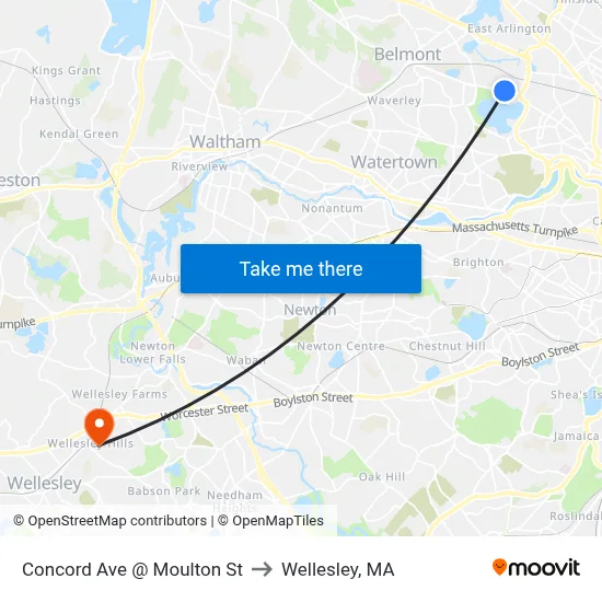 Concord Ave @ Moulton St to Wellesley, MA map