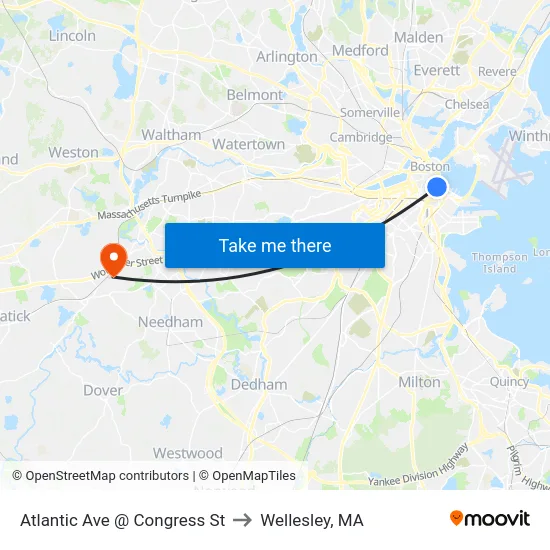Atlantic Ave @ Congress St to Wellesley, MA map